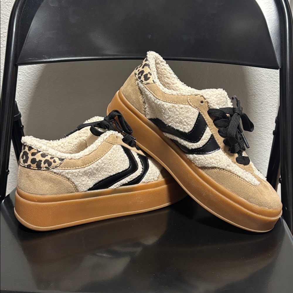 Women's Beige and Leopard Sherpa Platform Sneakers with Black Accent